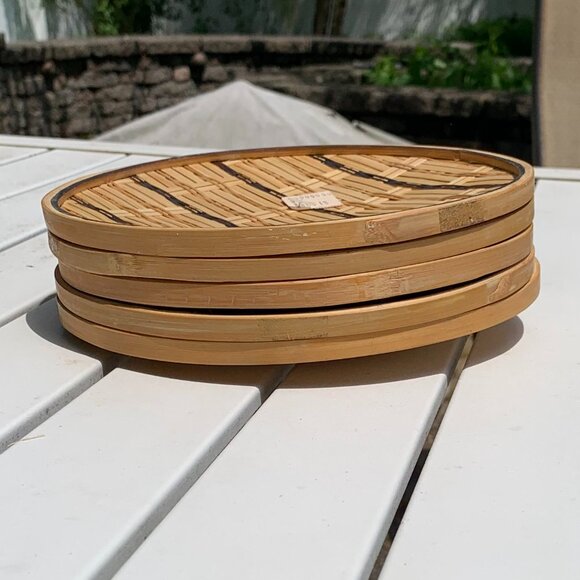 FIRM PRICE Vintage Woven Bamboo Serving Trinket Plates 5pc Set - Picture 7 of 10
